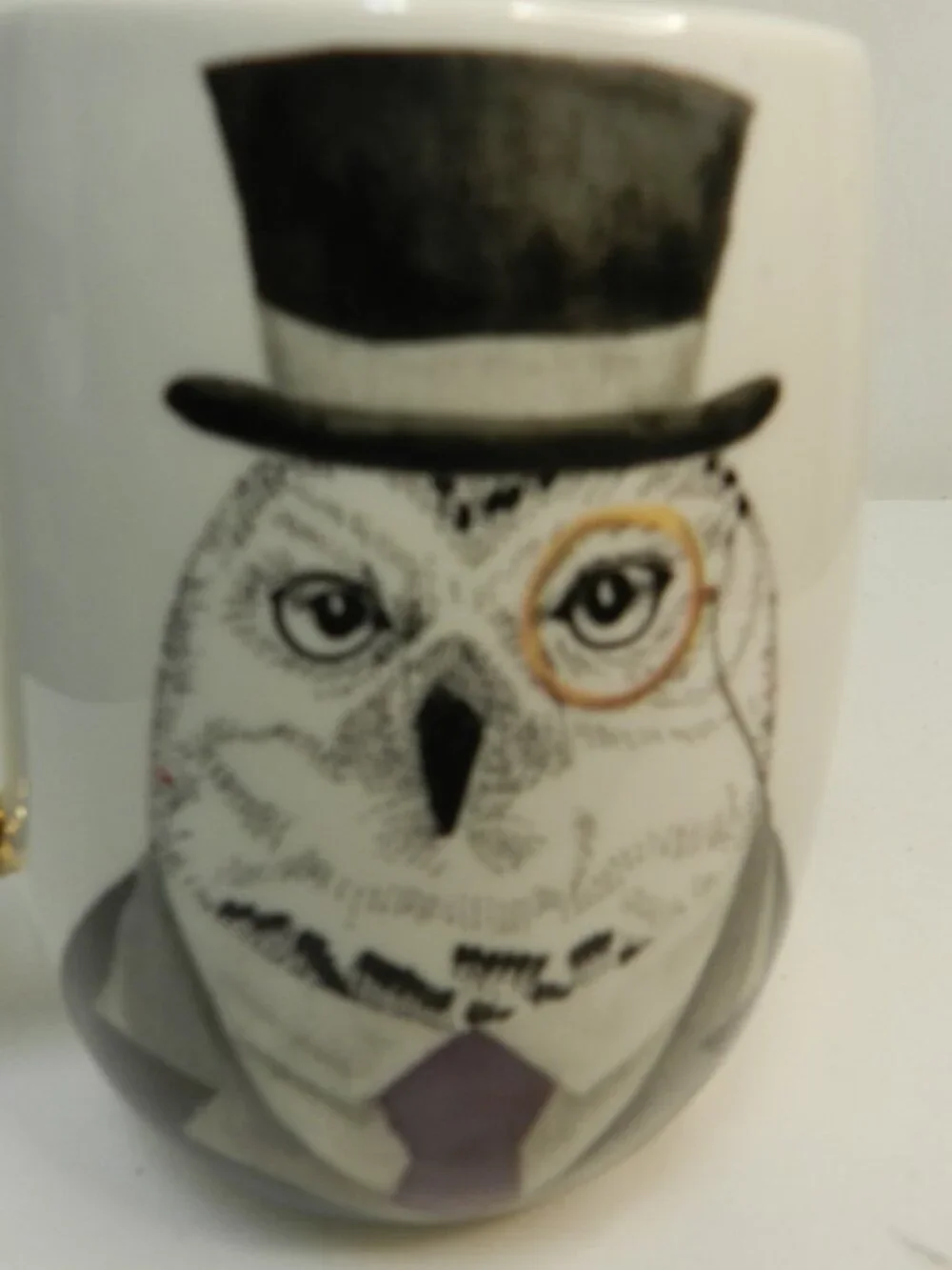 Pier 1 One Vintage Owl bird Mug Cup suit top hat 22 oz ceramic gold handle